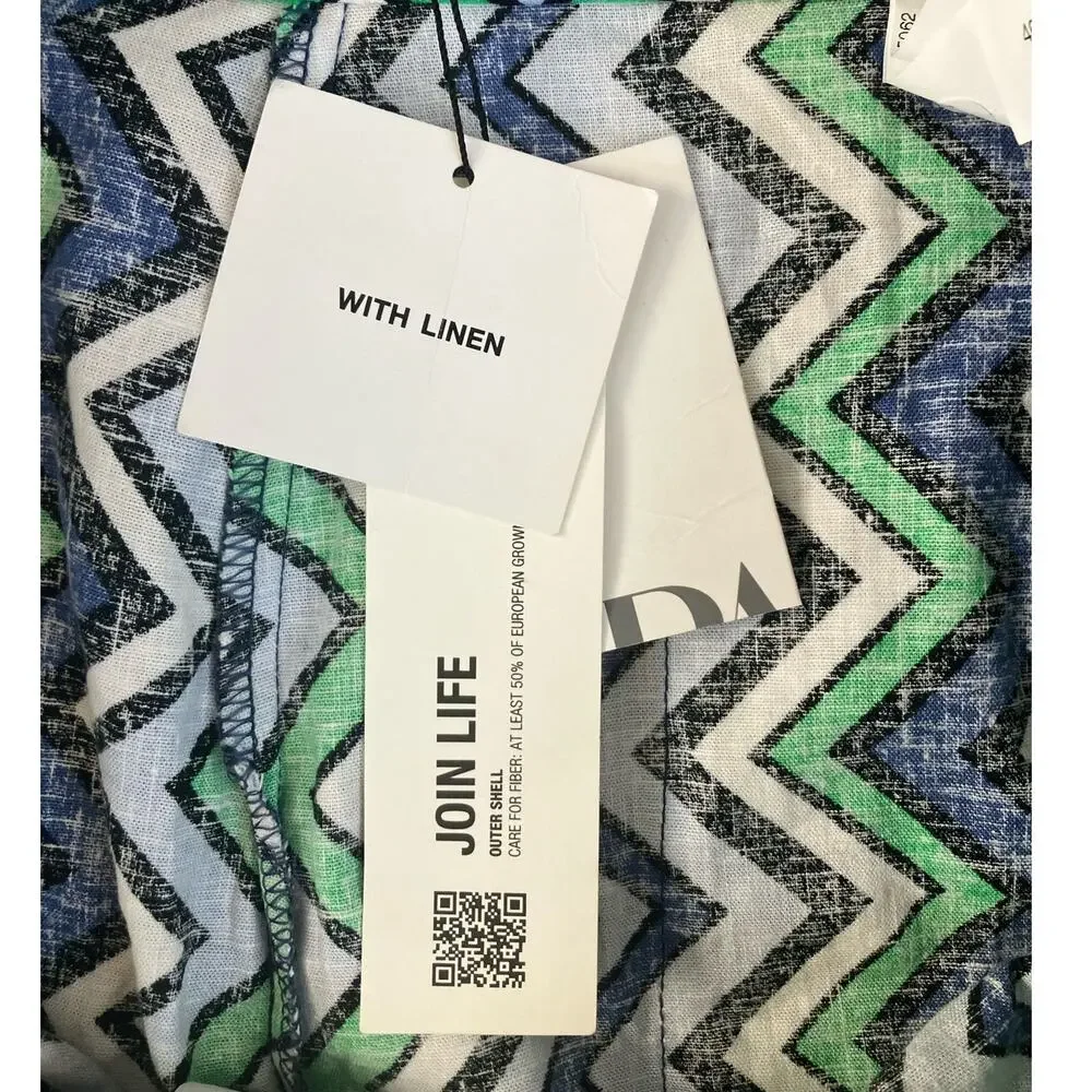 New Zara Chevron Blue Black White Green Linen Blend Pants Large